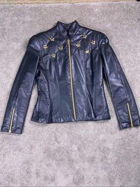 VTG Women’s Oliver by Valentino Leather Moto Jacket Brass Zippers  Med Size 44